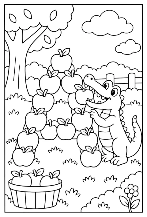Letter A made of apples with an alligator biting one coloring page
