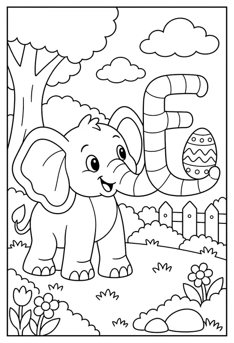 Letter E as an elephant's trunk holding an egg coloring page