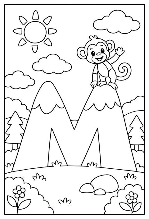 Letter M as mountains with a monkey on the peak coloring page