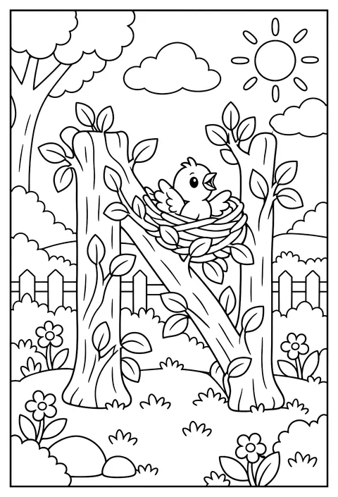 Letter N as a nest with a newborn bird coloring page