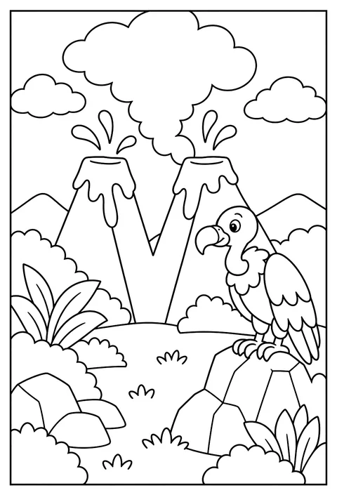 Letter V as a volcano with a vulture watching coloring page