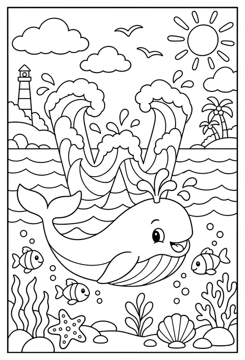 Letter W as waves with a whale coloring page