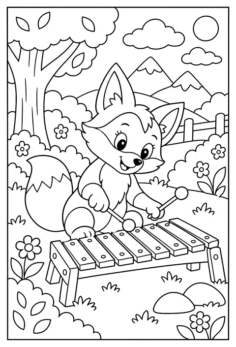 Letter X as crossed xylophone sticks with a fox coloring page