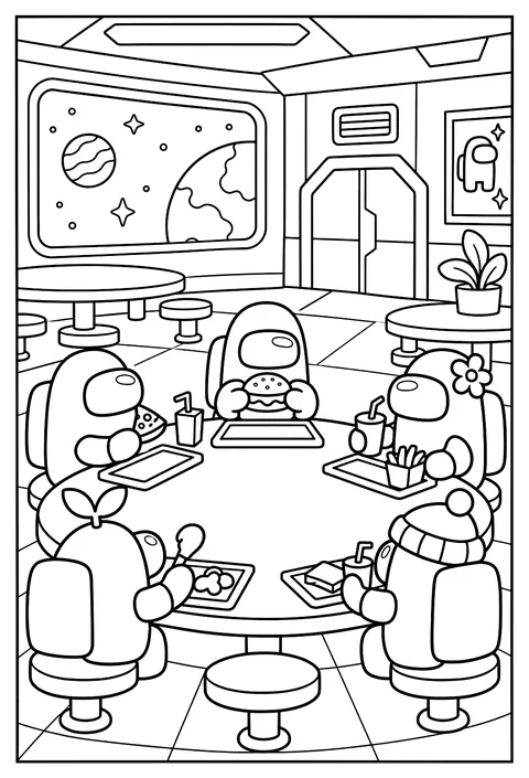 A crewmate eating at the long table in the cafeteria with food trays coloring page
