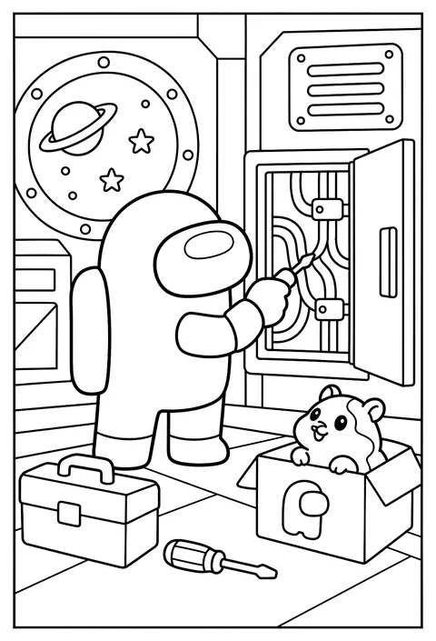 A crewmate fixing wiring while a cute pet hamster watches from a box coloring page
