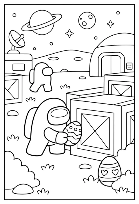 A crewmate hiding decorated Easter eggs behind cargo crates coloring page