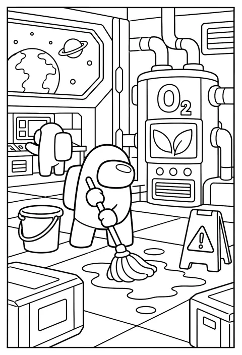 A crewmate mopping up a spill by the O2 filter coloring page