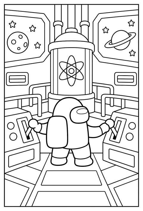 A crewmate pulling two levers on opposite panels to fix the reactor coloring page