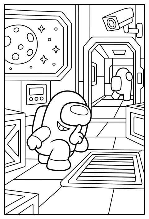 A crewmate sitting near a vent looking sneaky with a silly grin coloring page