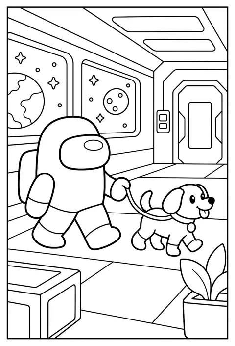A crewmate walking a cute pet dog on a leash down a hallway coloring page