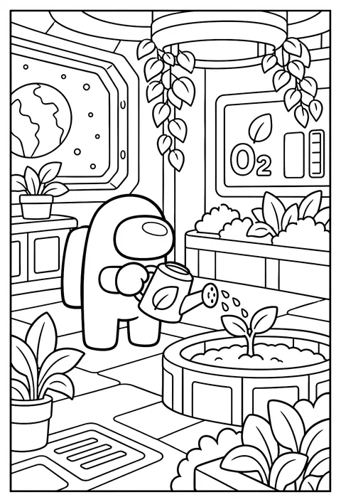 A crewmate watering a seedling in the O2 room garden coloring page