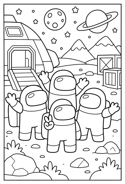 A group pose of four differently colored crewmates waving coloring page