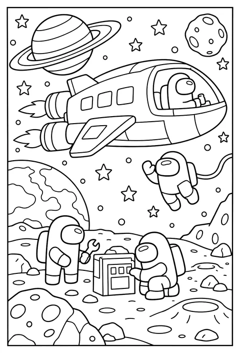 The spaceship flying through space surrounded by stars and a ringed planet coloring page