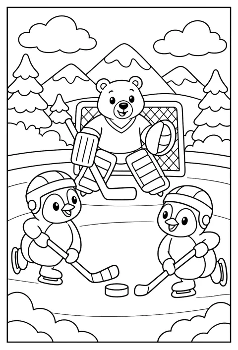 Arctic animals playing ice hockey: polar bear goalie, penguins skating coloring page