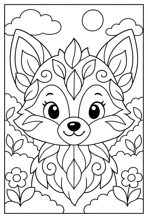 Close-up of a fox face with fur drawn as a pattern of leaves and swirls coloring page