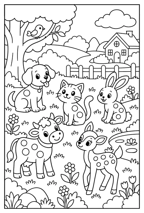 Count-and-color: five animals with 1 to 5 spots coloring page