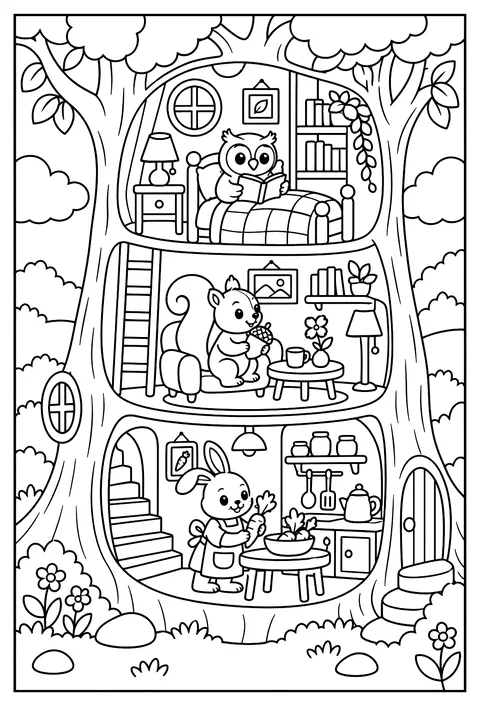 Cutaway of a giant tree apartment coloring page