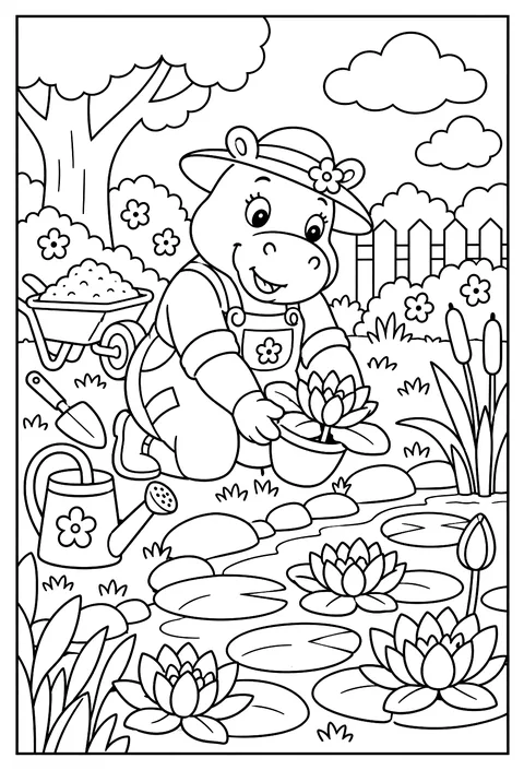 A hippo gardener in a mud garden growing water lilies coloring page