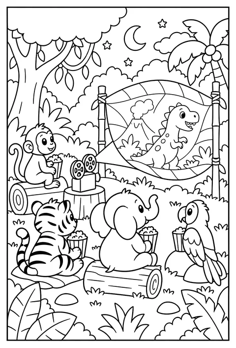 A jungle movie night with a screen made of a giant leaf coloring page