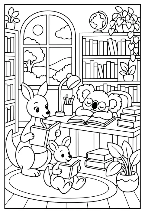 A koala librarian asleep on a book while kangaroos read coloring page