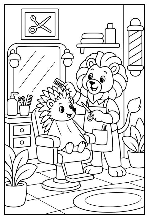 A lion running a barbershop with a hedgehog getting spikes styled coloring page