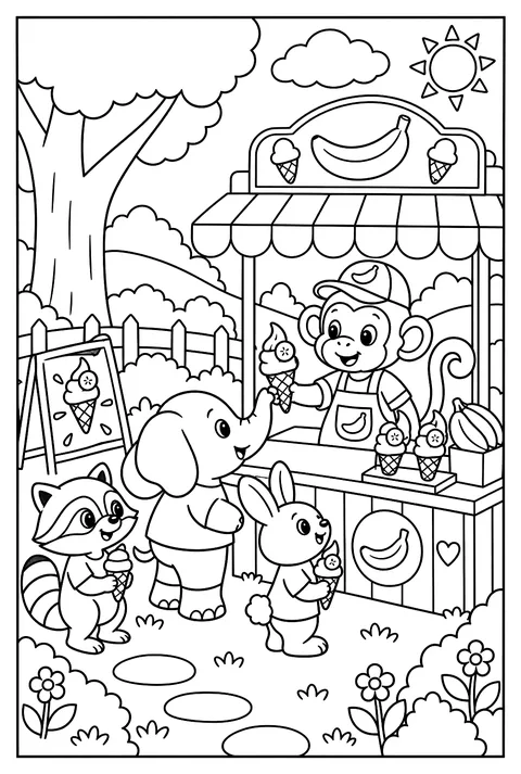 A monkey ice-cream shop with banana cones coloring page