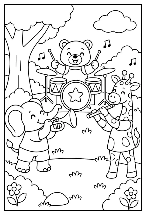 An animal orchestra: elephant trumpet, giraffe flute, bear drums coloring page