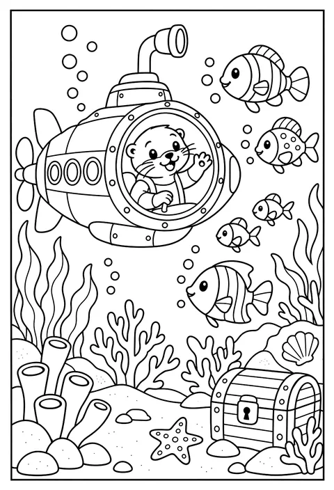 An otter in a submarine waving at fish coloring page