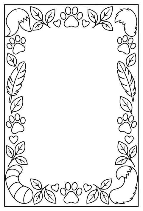 A page-border pattern of paw prints, leaves, feathers and tails around an empty frame coloring page