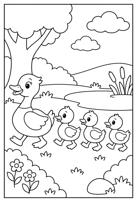 A duck family portrait in a row coloring page