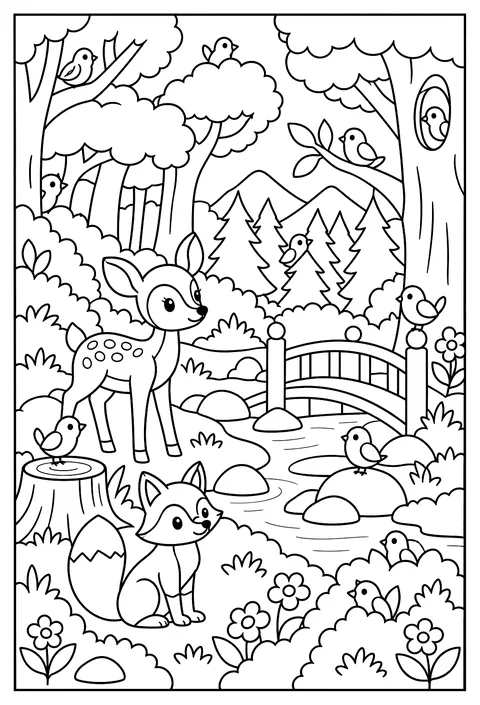 Hidden-object page: a forest with 12 hidden birds coloring page