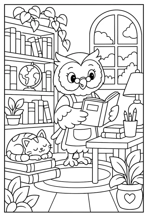 An owl librarian with tiny glasses coloring page
