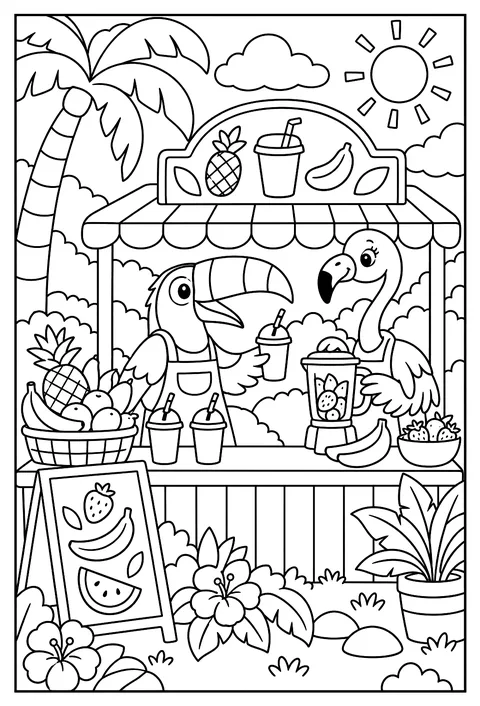 A toucan and a flamingo running a smoothie bar coloring page