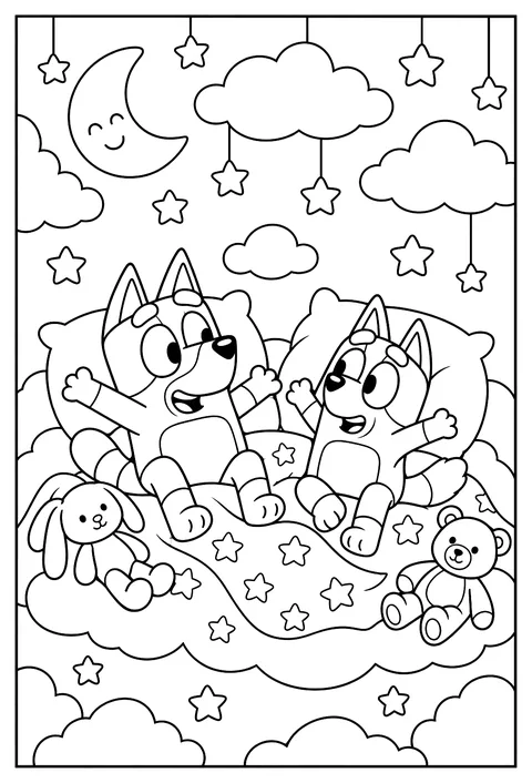 Bluey and Bingo lying under a floating cloud and stars for The Sleepytime game coloring page