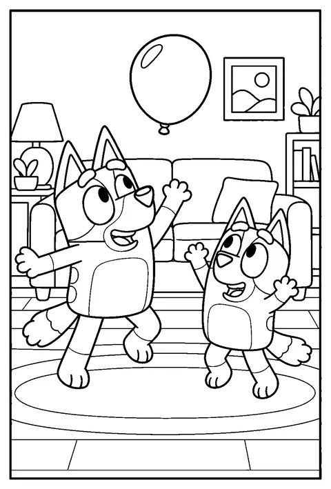Bluey and Bingo playing Keepy Uppy with a balloon in the living room coloring page