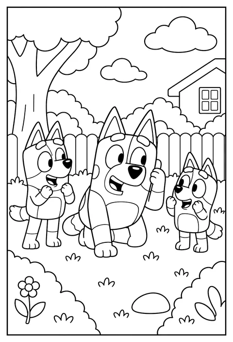 Bandit pretending to be a walkie-talkie toy while Bluey and Bingo giggle coloring page