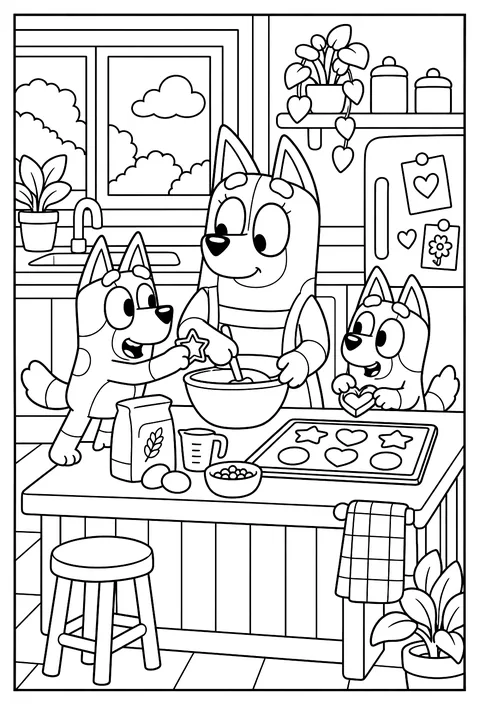 Chilli and the pups baking in the kitchen with a mixing bowl and a tray of biscuits coloring page