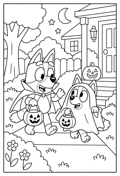Bluey in a Halloween costume trick-or-treating with a pumpkin bucket beside Bingo dressed as a little ghost coloring page