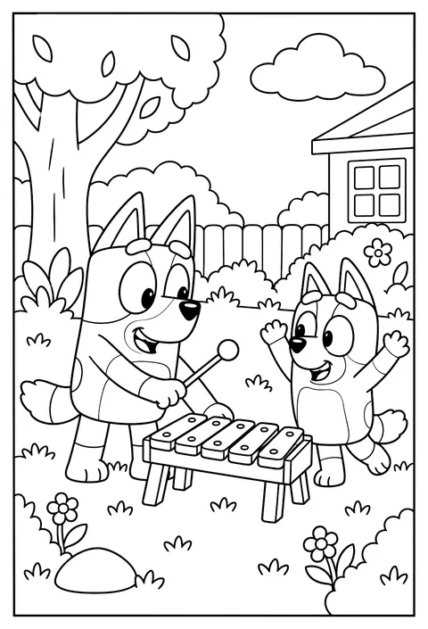 Bluey playing the Magic Xylophone game with a toy xylophone in the yard coloring page