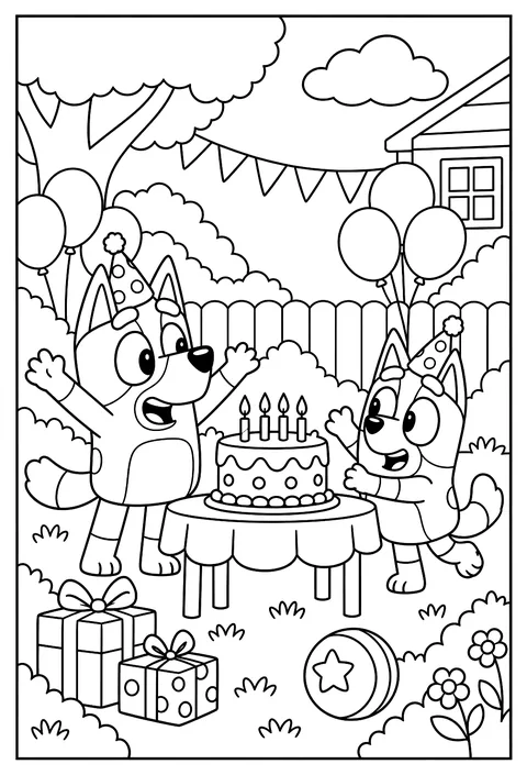 Bluey's birthday party with balloons, a cake and party hats in the backyard coloring page