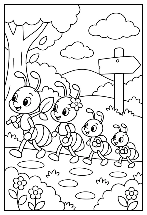 An ant family portrait in a line coloring page