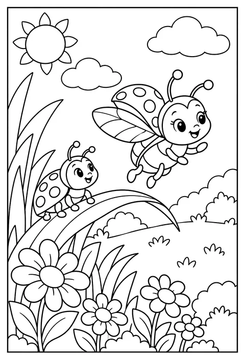 A baby ladybug learning to fly off a blade of grass coloring page
