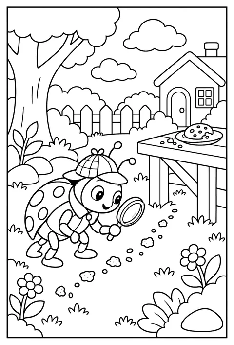 A detective beetle following crumb clues coloring page