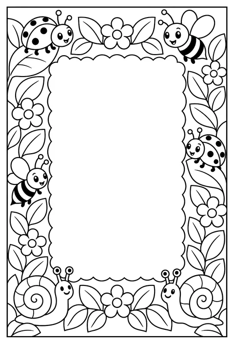 A page-border pattern of ladybugs, leaves, bees and snails around an empty frame coloring page