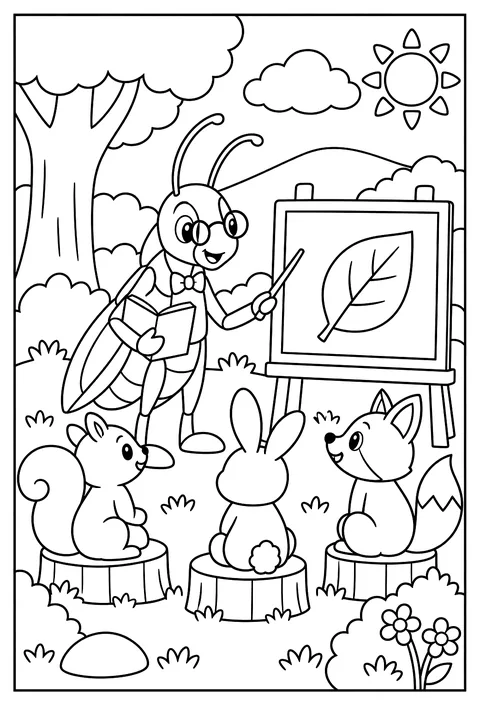 A wise old grasshopper teacher coloring page