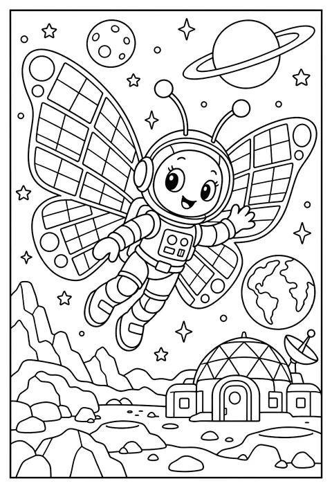 A butterfly astronaut with wings made of solar panels coloring page