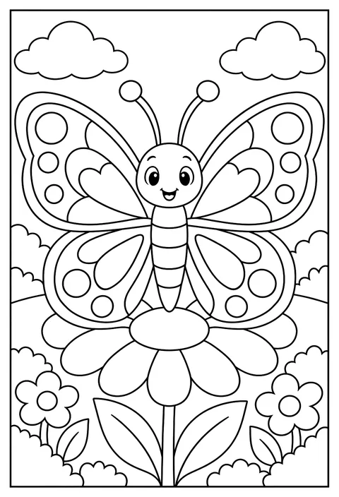 Close-up of a butterfly with wings divided into a symmetrical mandala pattern coloring page
