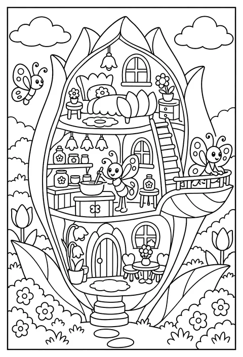 Cutaway of a butterfly house inside a giant tulip coloring page