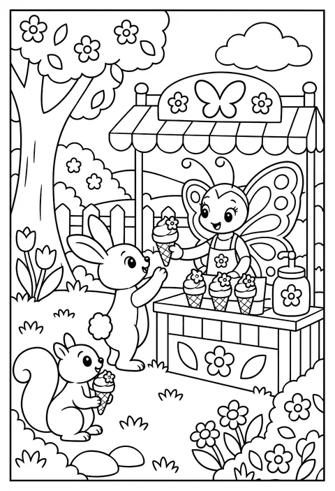 A butterfly ice-cream stand serving nectar cones coloring page