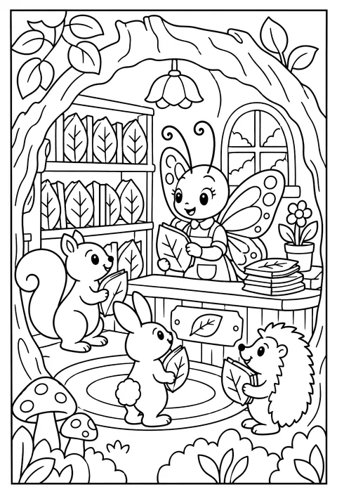 A butterfly librarian in a hollow log with leaf books coloring page